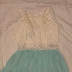 White Lace and Teal Silk Party Dress